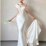 【Luz】Lunar weave  satin long dress with train   G0017