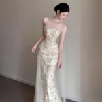 【Whisper】French light luxury golden lace mermaid dress Z0015