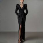 【Party Dress】Black satin V-neck long-sleeved slit maxi dress  G0023