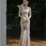 【Party Dress】Sequined off-shoulder floral tassel slit mermaid long dress  G0034
