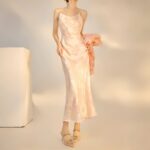 【Party Dress】Chinese style suspender dress jacquard embroidery long knee-length evening dress Z0043