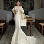 【Luz】Satin off-shoulder floral train gown G0029